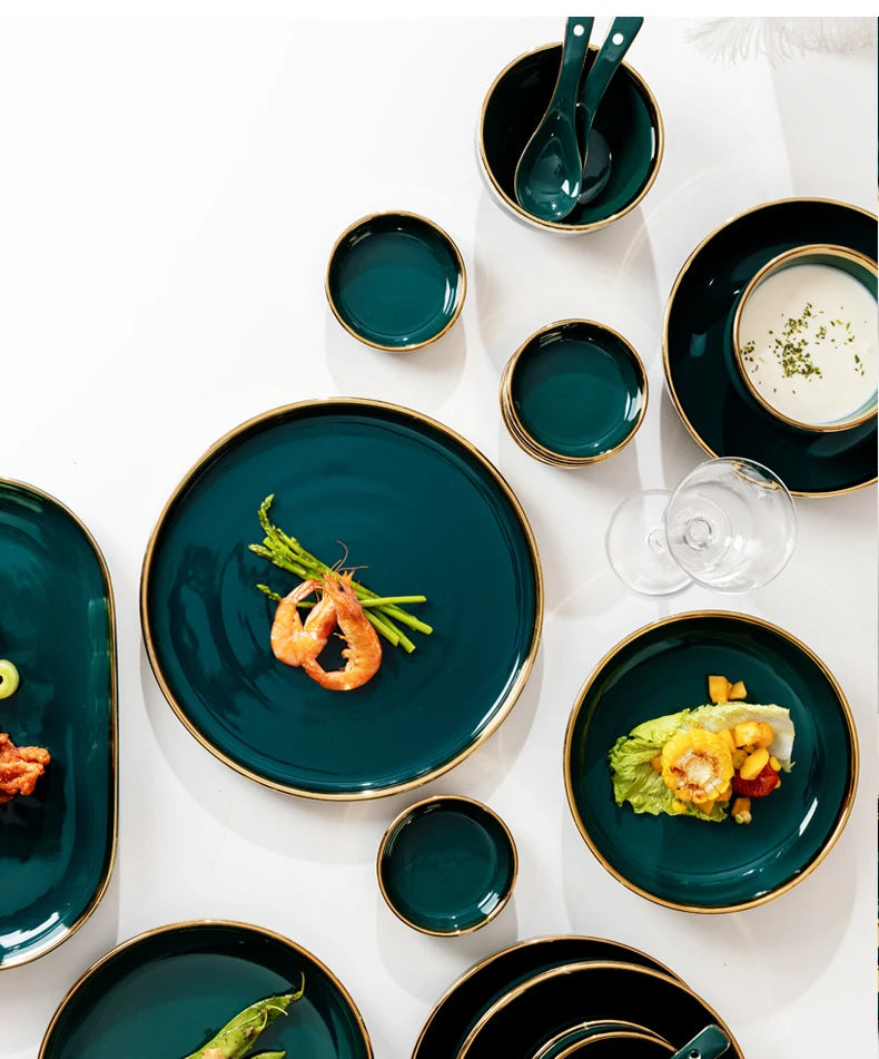 Dark green ceramic cutlery bowls set with gold-plated accents, including rice bowls and dishes, by 𝕄𝕔 𝕋𝕙𝕖 𝔹𝕝𝕒𝕔𝕜 𝔻𝕚