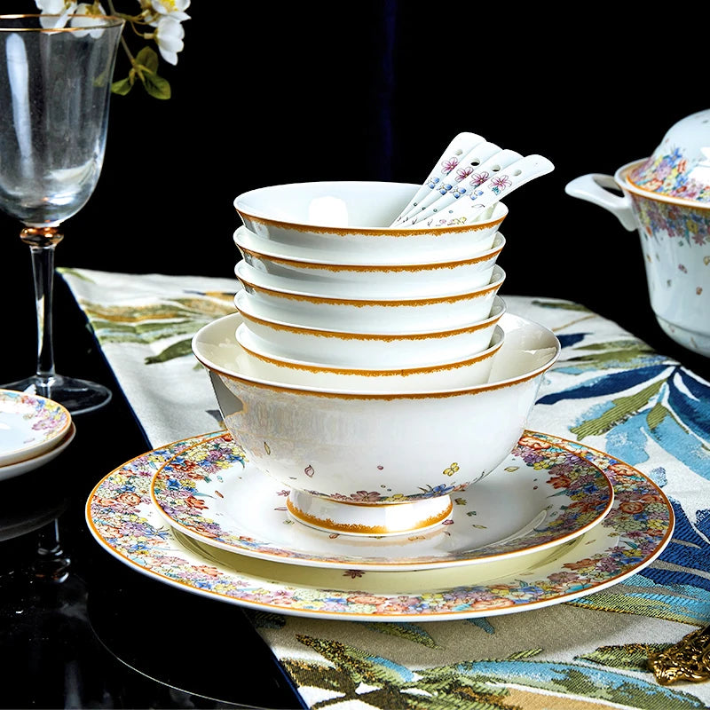 Family size MC THE BLACK DIAMOND dinnerware set with star design, includes plates, bowls, and mugs for serving meals.