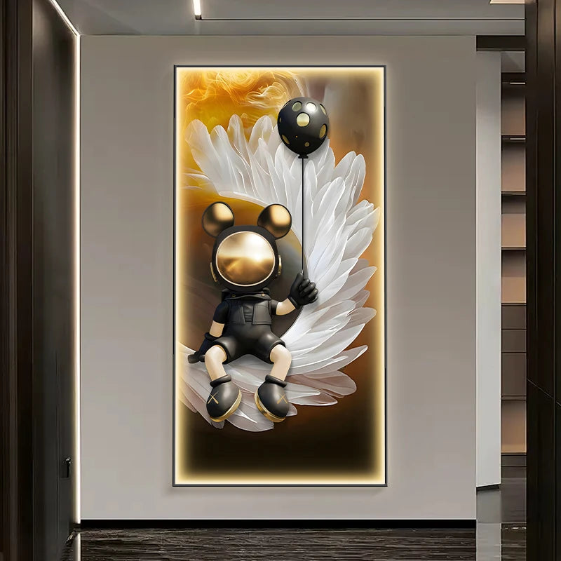 Modern art astronaut wall decor with LED lamp, cartoon style, luminous painting for living room or corridor.