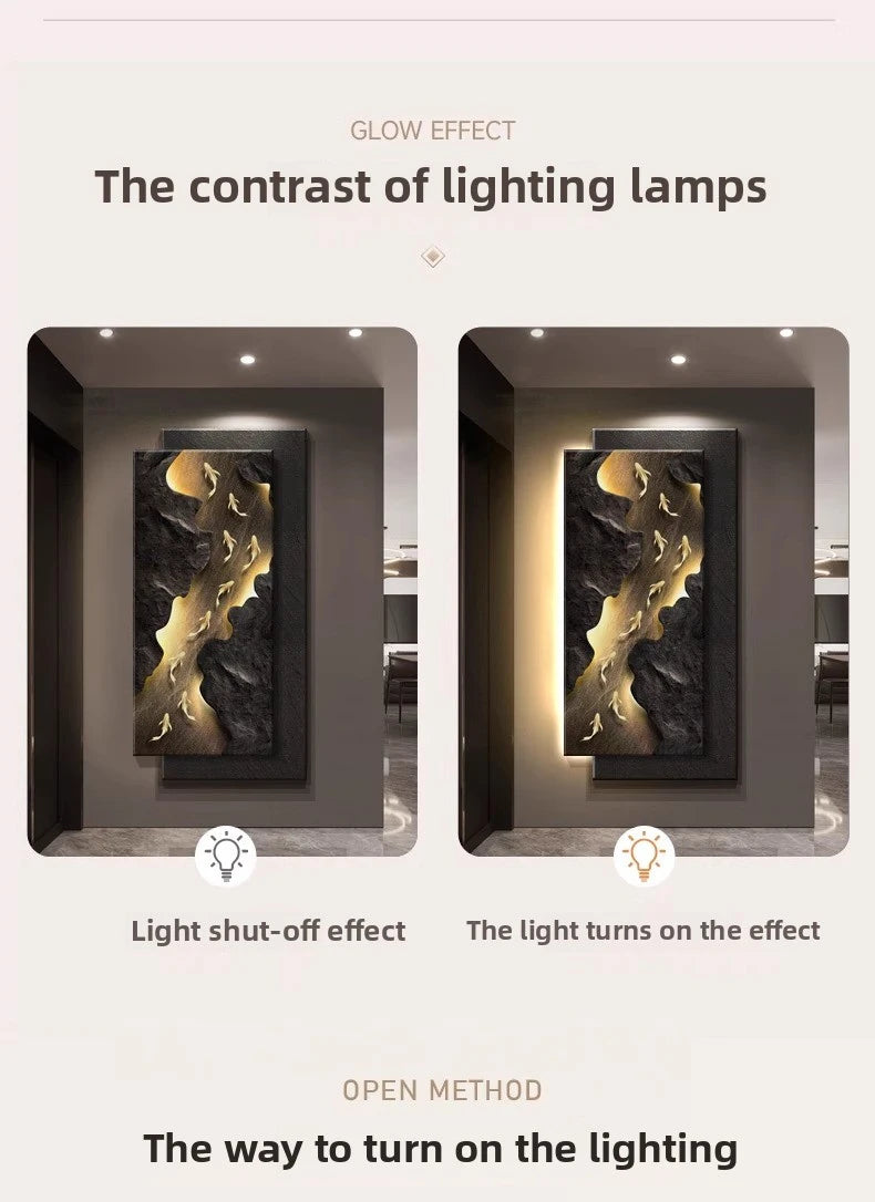 Decorative wall light fixture featuring a hanging koi fish painting by MC THE BLACK DIAMOND, suitable for wall décor.