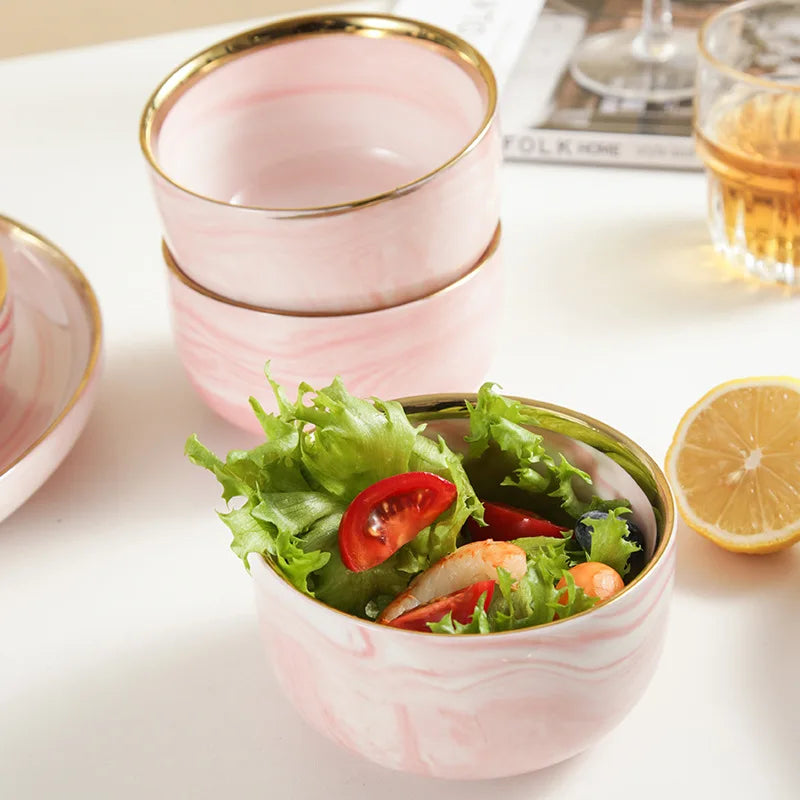 Pink gilded marble pattern porcelain dinnerware set with plates and bowls, elegant MC THE BLACK DIAMOND dinnerware collection