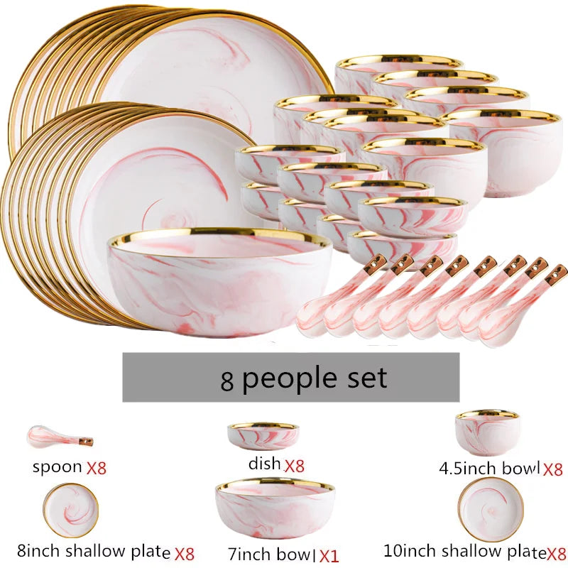 Pink gilded marble pattern porcelain dinnerware set by MC THE BLACK DIAMOND, includes plates and bowls with elegant design.