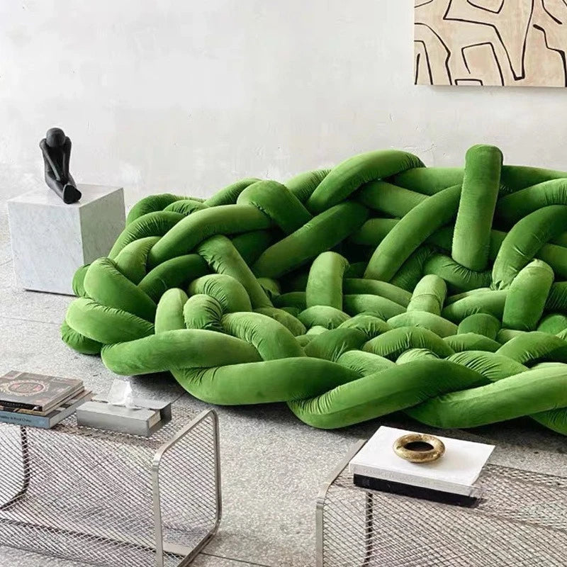 Luxury Italian Nordic designer winding woven python sectional sofa by MC THE BLACK DIAMOND, showcasing plush cushions and intricate craftsmanship.