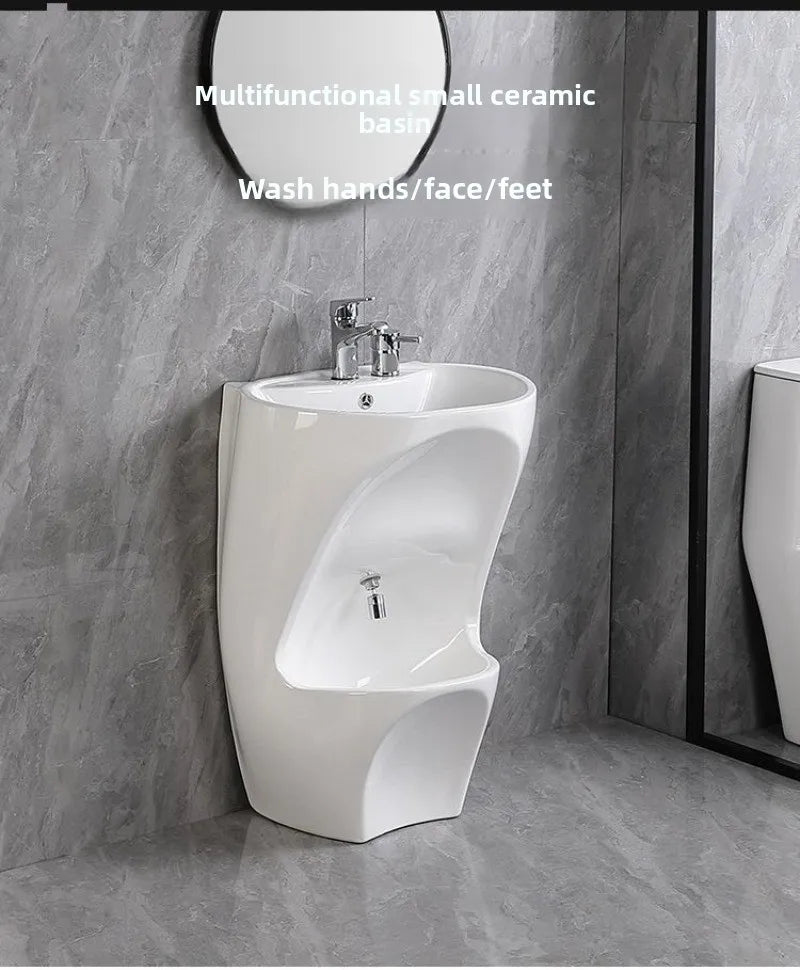 Ceramic wall-mounted and floor-standing Wudu basin for Muslim foot wash, with pedestal design by MC THE BLACK DIAMOND.