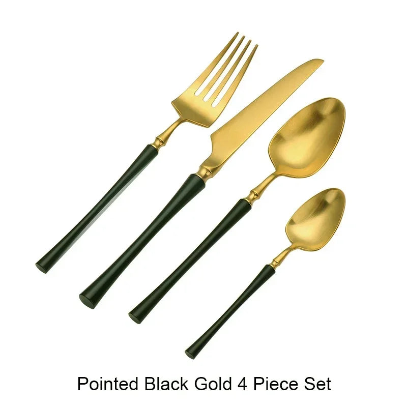 Matte stainless steel dinnerware set with black, gold, and silver finishes from 𝕄𝕔 𝕋𝕙𝕖 𝔹𝕝𝕒𝕔𝕜 𝔻𝕚𝕒�