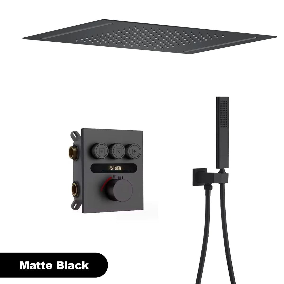 MC THE BLACK DIAMOND shower system with ceiling-mounted bath mixer for hot and cold water, sleek and modern design.