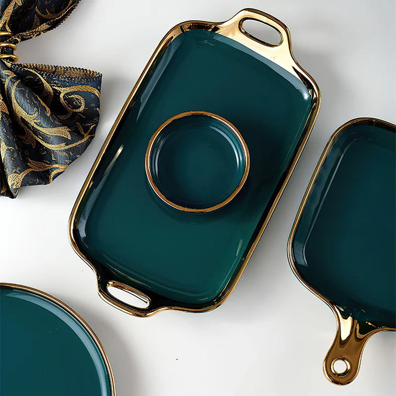 Luxury MC THE BLACK DIAMOND family dinnerware set with elegant plates, bowls, and cups arranged on a table.