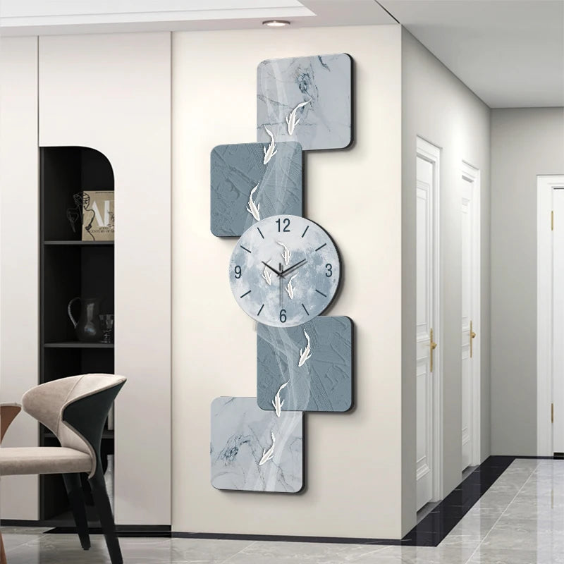 Modern wall clock with nine fish design and LED luminescent mural, featuring advanced art style for living room decor