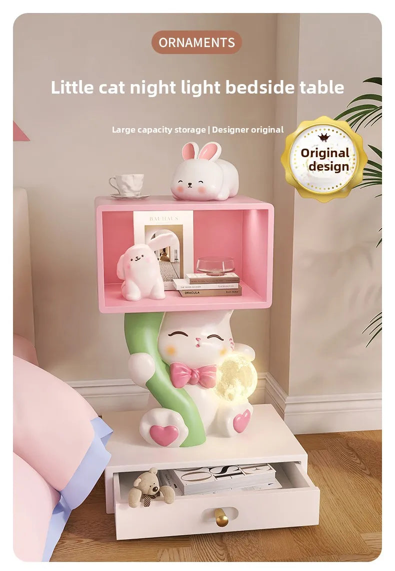 Cartoon cute cat figurine bedside table from MC The Black Diamond, decorative nightstand with a playful cat design.