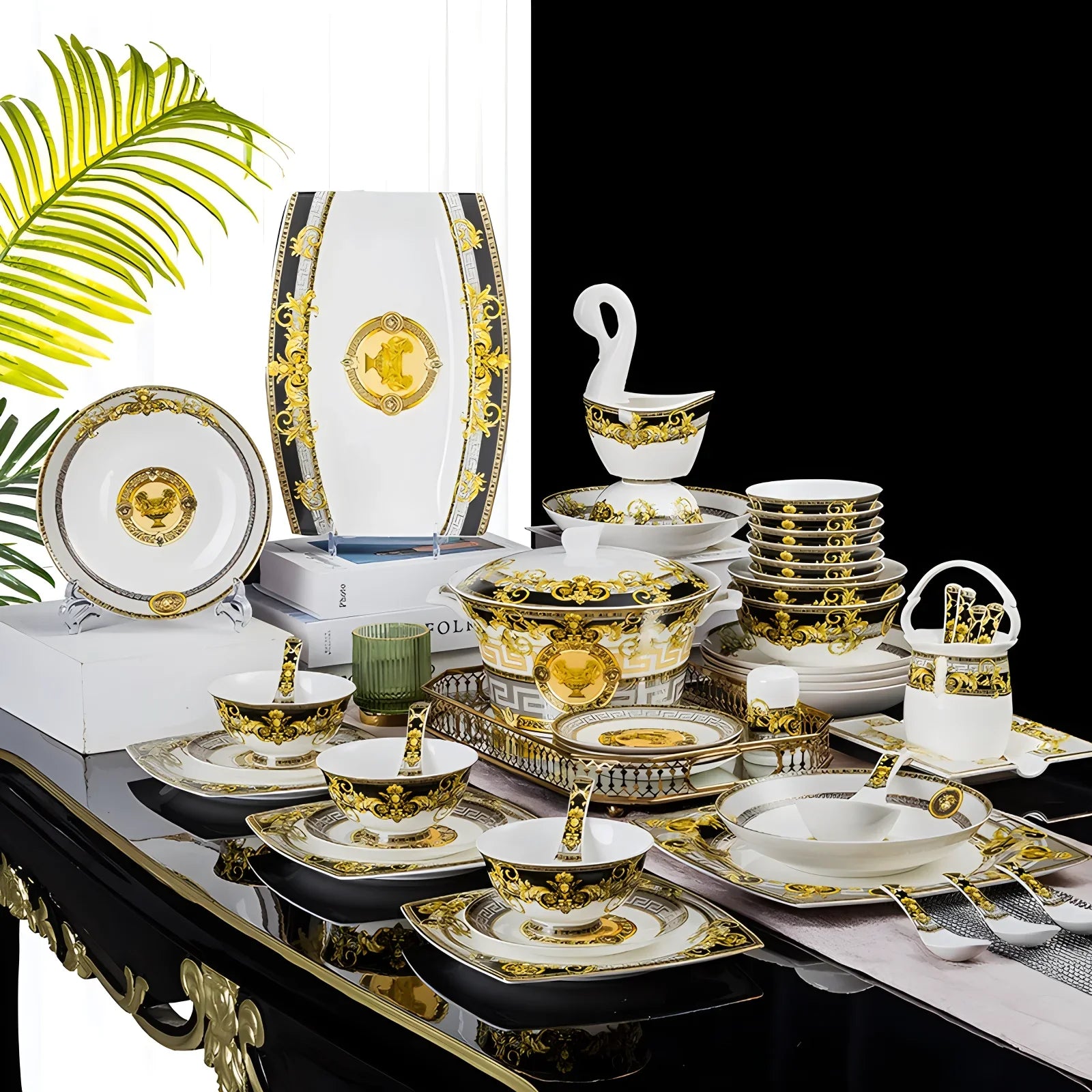 Ceramic dinnerware set by MC THE BLACK DIAMOND, includes plates and bowls with a sleek, modern design for table setting.