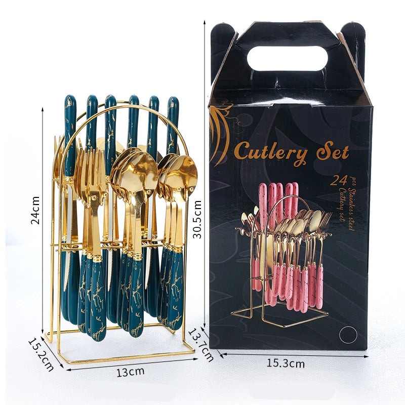 MC THE BLACK DIAMOND stainless steel flatware set with knives, forks, and spoons displayed on a table setting.