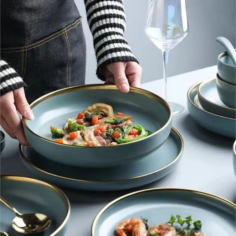 Matte ceramic dinnerware set with cereal bowls, dessert plates, and steak plates from 𝕄𝕔 𝕋𝕙𝕖 𝔹𝕝𝕒𝕔𝕜 𝔻𝕚𝕒