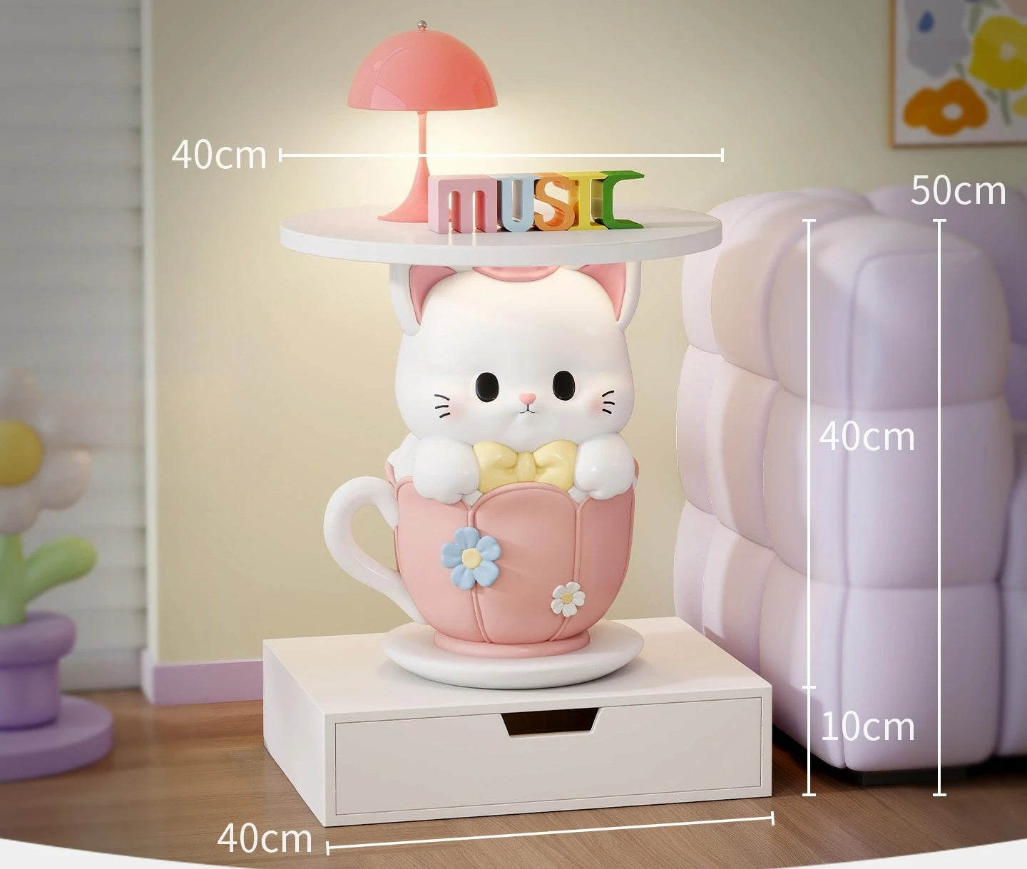Kawaii MC THE BLACK DIAMOND coffee table with cute, colorful decor, featuring a small end table with playful design elements.