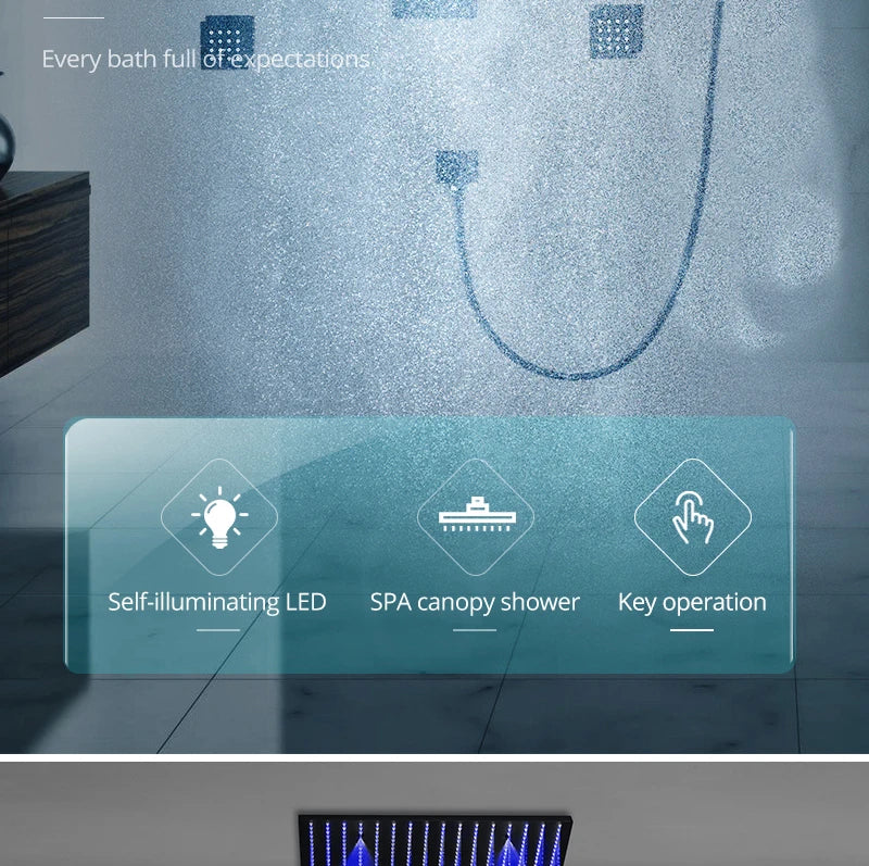 MC THE BLACK DIAMOND LED shower head set with side massage jets, constant temperature valve mixer, and modern shower system design.