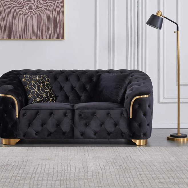 Modern luxury velvet Chesterfield lounge sofa set with gold base and wooden legs, ideal for villa living room decor.