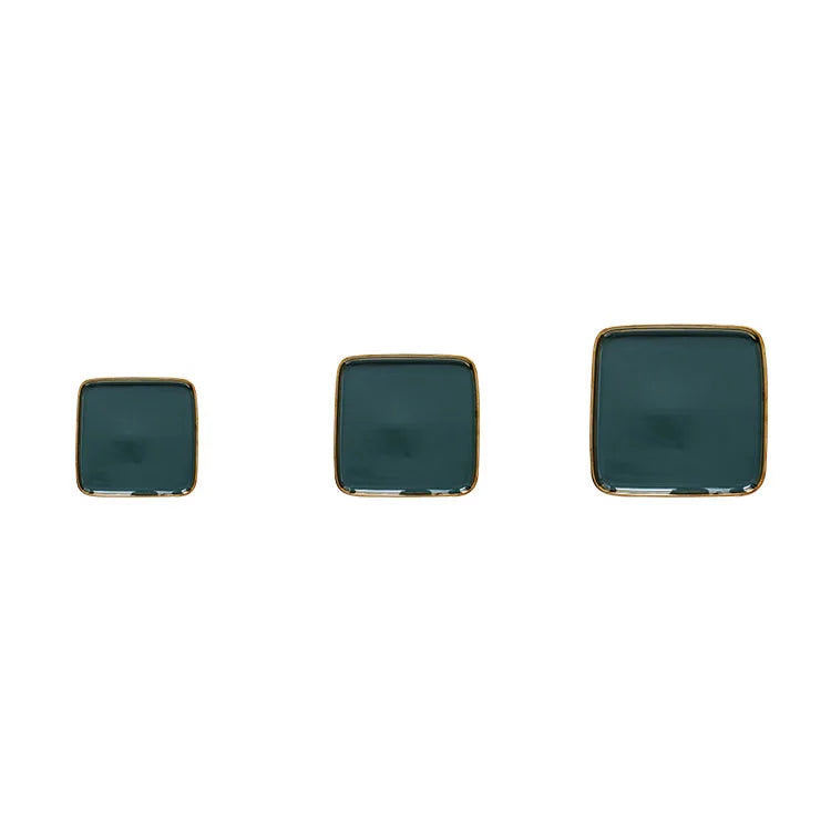 Dark green ceramic dinner plate with gold border, part of 𝕄𝕮 𝕋𝕙𝕖 𝔹𝕝𝕒𝕔𝕜 𝔻𝕚𝕒𝕞𝕠