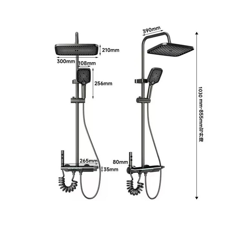 Wall-mounted MC THE BLACK DIAMOND rainfall shower system with pressurized bath and shower faucets, featuring sleek modern design.