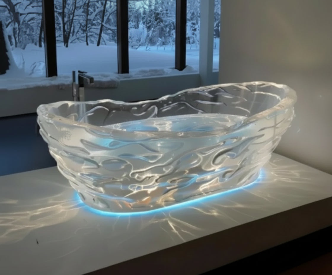 Transparent AI concept couple freestanding crystal resin bathtub by MC THE BLACK DIAMOND, showcasing sleek modern design and clear glass appearance.
