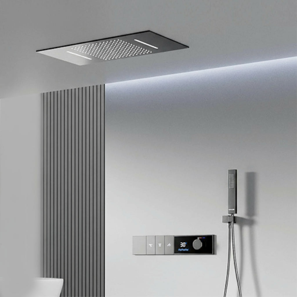 LED digital display shower system by MC THE BLACK DIAMOND with three spray modes, showcasing the sleek shower head and control panel.