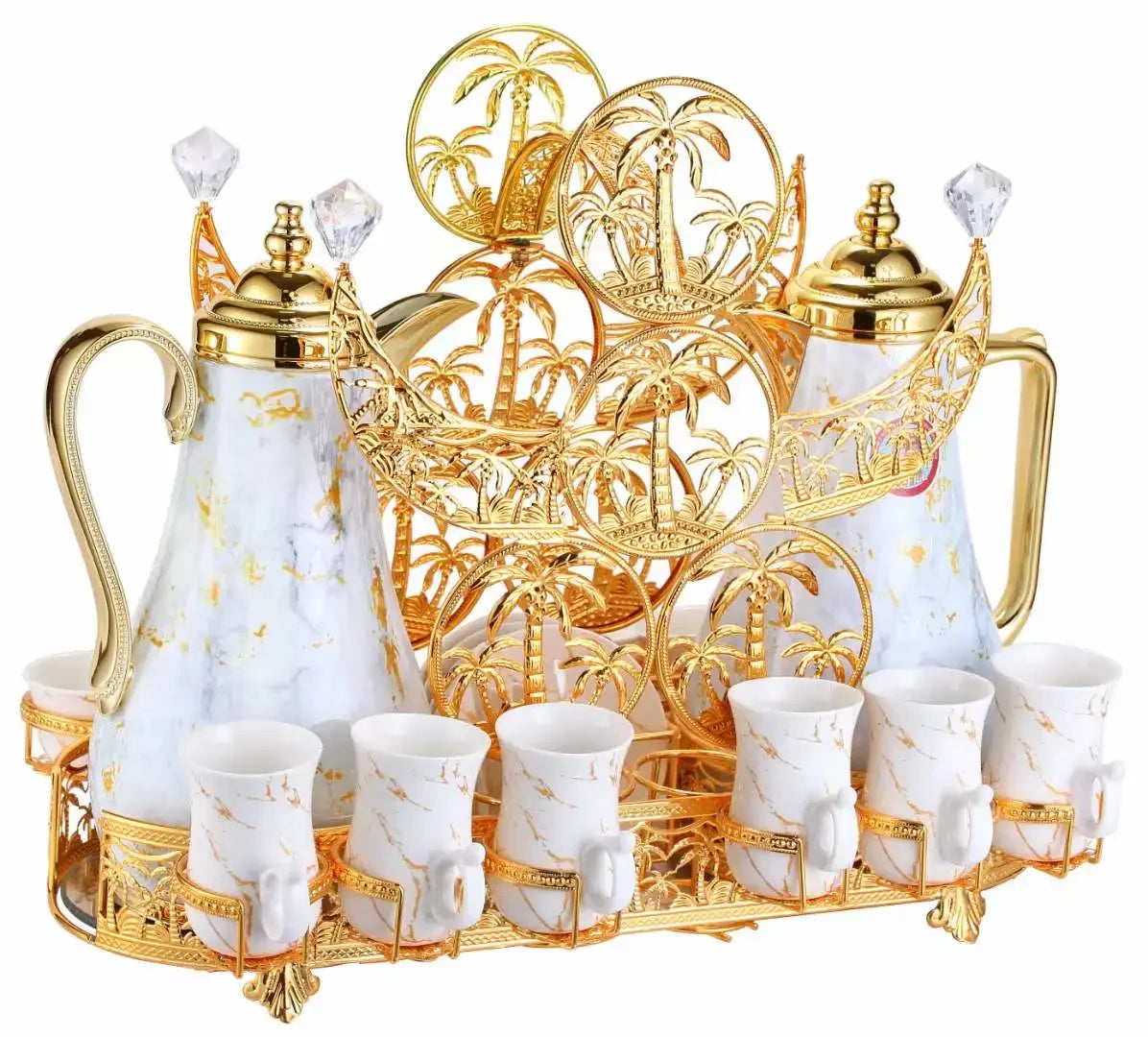 Black Diamond Arabic ceramic tea set with golden accents, featuring a teapot, cups, and matching saucers from MC The Black Diamond brand.