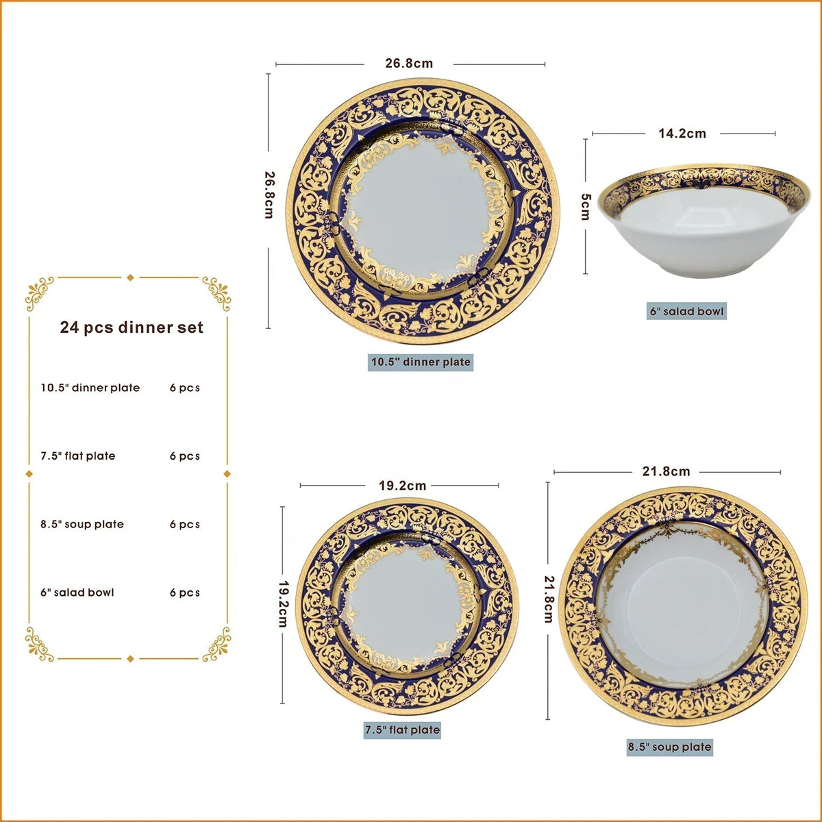 Royal Style embossed gold rim ceramic dinner set by MC THE BLACK DIAMOND, featuring elegant plates and bowls with gold accents.