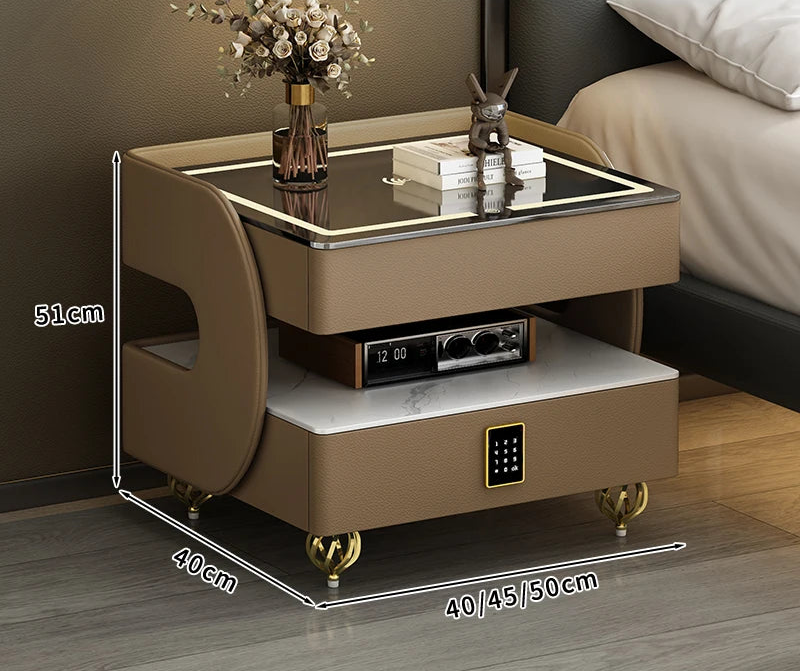 MC THE BLACK DIAMOND coded lock USB rolling bedside side table with storage drawer and handle, black finish, compact design