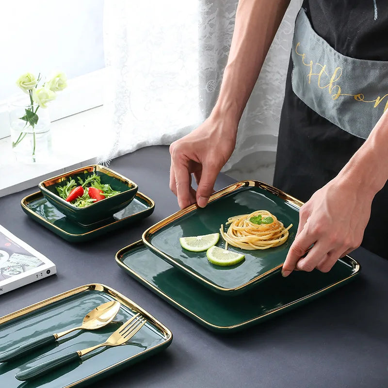 Modern luxury dark green ceramic dinner plate with gold border, ideal for steak, pasta, and dining from 𝕄𝕔 𝕋𝕙𝕖 𝔹𝕝𝕒𝕔𝕜 𝔻𝕚