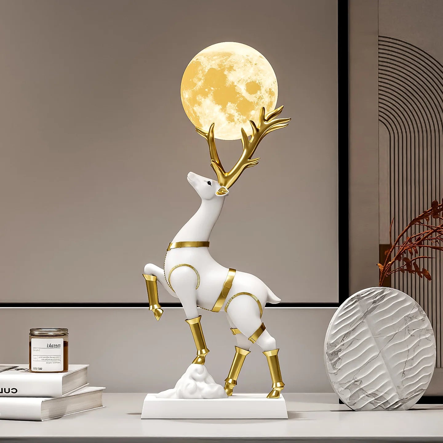 Luxury decor lucky deer sculpture by MC THE BLACK DIAMOND, detailed living room decorative figurine, elegant animal statue.