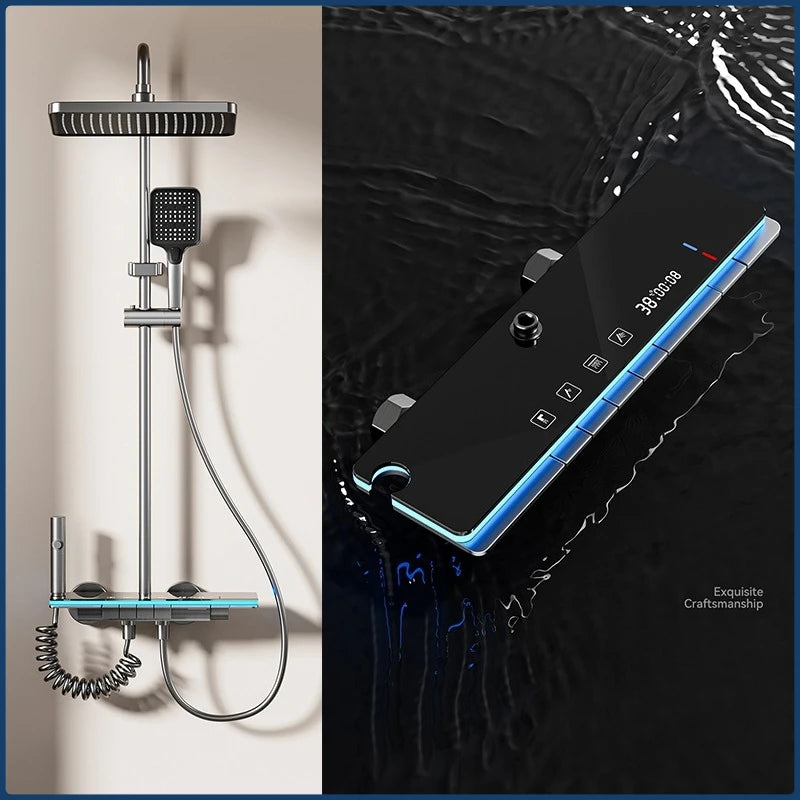 Digital bathroom shower faucet set with rainfall shower head, temperature display, and modern MC THE BLACK DIAMOND shower system