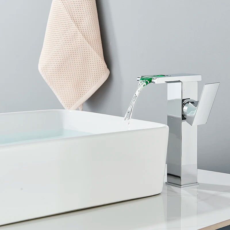 LED temperature-display basin faucet by MC THE BLACK DIAMOND, modern bath sink faucet with illuminated temperature feature.