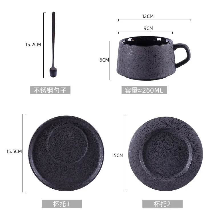 Black ceramic coffee cup and saucer set with spoon and cup holder from MC THE BLACK DIAMOND, ideal for breakfast or tea.