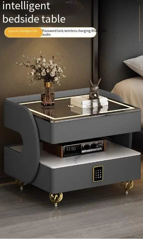 MC THE BLACK DIAMOND coded lock USB rolling bedside table with side storage and modern design.
