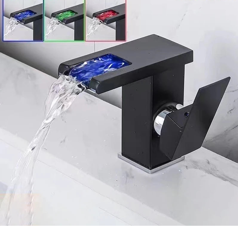 LED temperature-display basin faucet by MC THE BLACK DIAMOND, modern bath sink faucet with integrated temperature indicator.