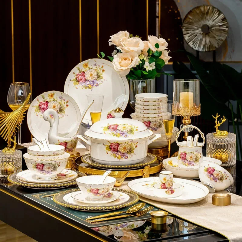 Family size luxury dinnerware set by MC THE BLACK DIAMOND, featuring elegant plates, bowls, and serving dishes for special occasions.