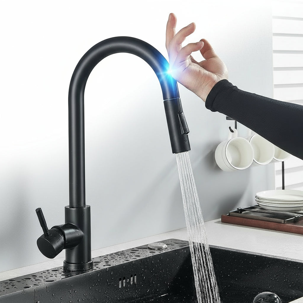 Touch-control kitchen faucet by MC THE BLACK DIAMOND featuring a modern design and sleek finish, shown in a close-up image.