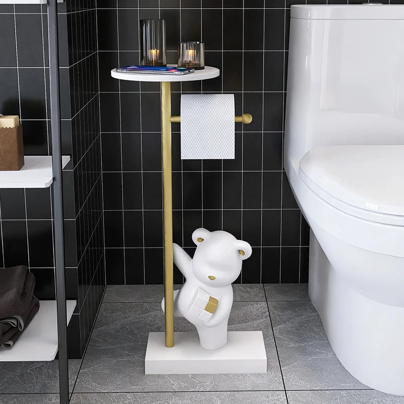 MC THE BLACK DIAMOND bear figurine toilet paper holder, a creative household decoration for bathroom decor.
