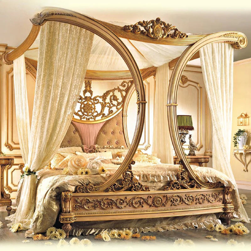 European court solid double bed by MC The Black Diamond with a stylish headboard and sturdy wooden frame.