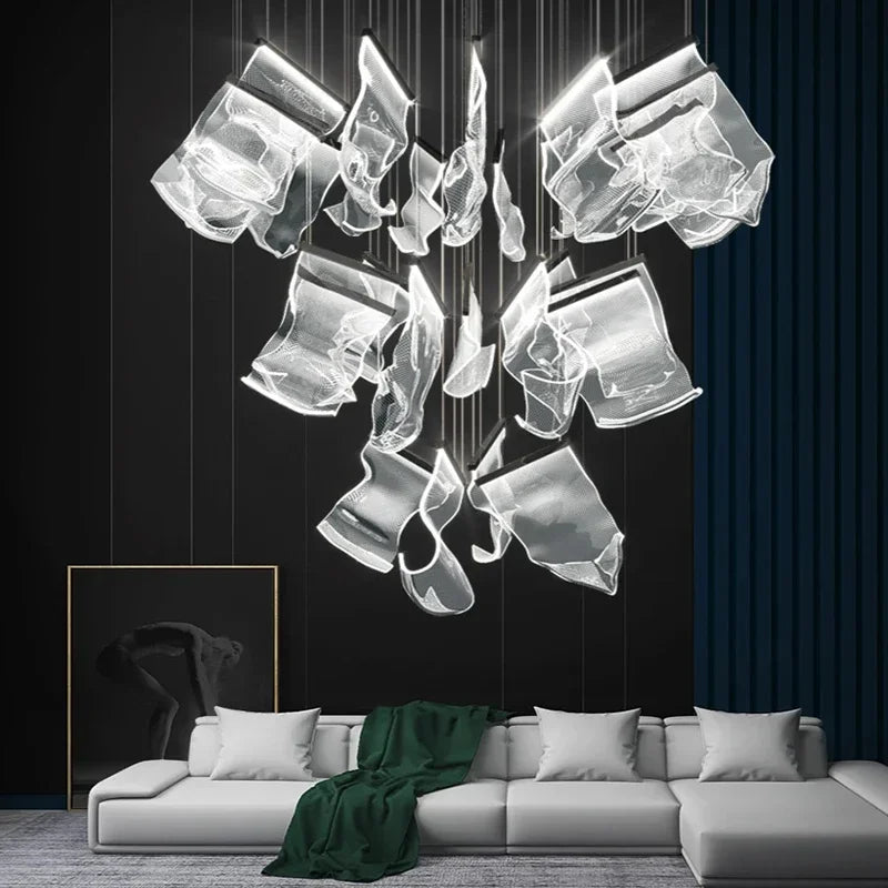 Modern MC THE BLACK DIAMOND LED chandelier lighting fixture in a living and dining room setting with sleek design and bright illumination.