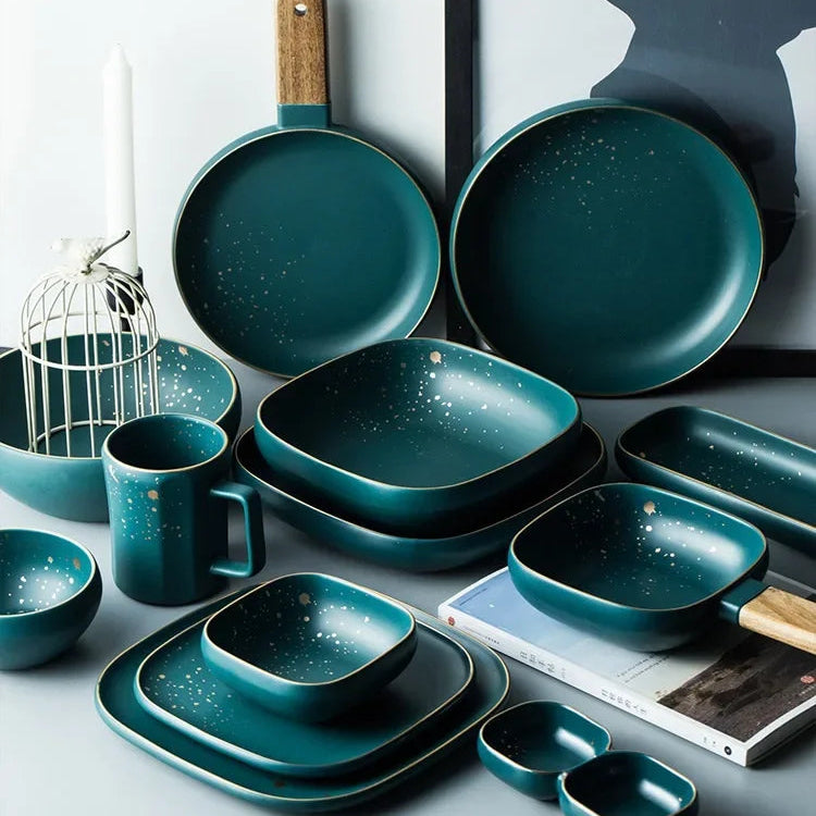Dark green ceramic Western dinnerware set by MC THE BLACK DIAMOND, includes plates and bowls with a Nordic design.