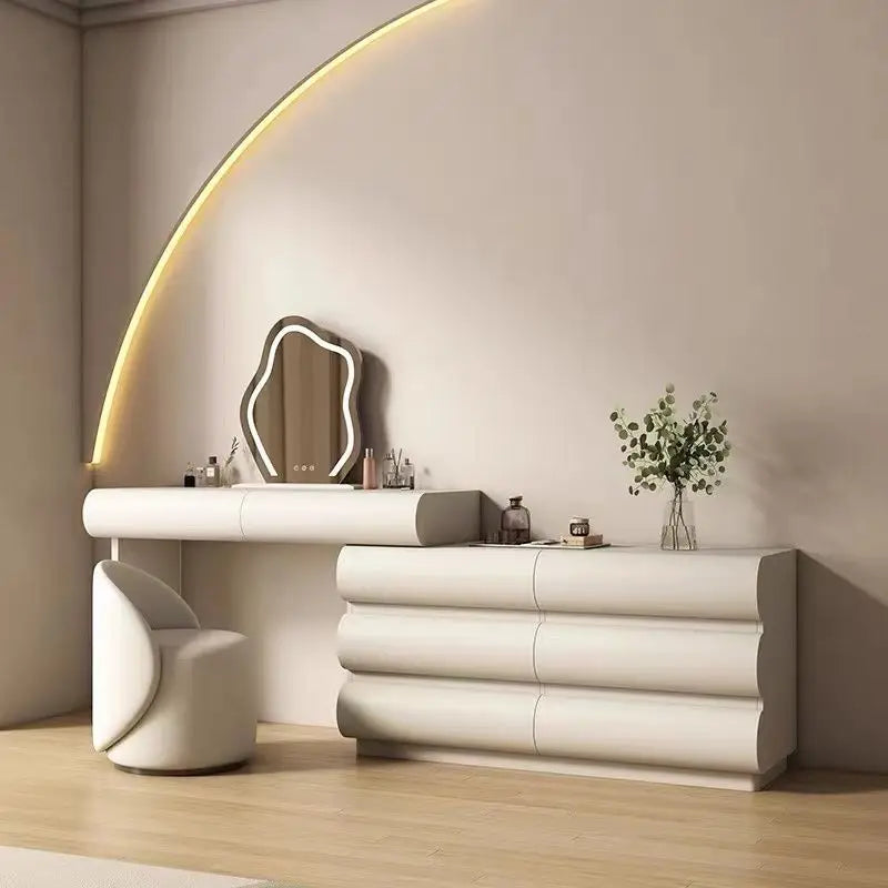 Black vanity table with mirror drawers, makeup storage, and matching chair for bedroom dressing and lounge space by 𝕄𝕔 𝕋𝕙𝕖 𝔹𝕝𝕒𝕔𝕜 𝔻𝕚