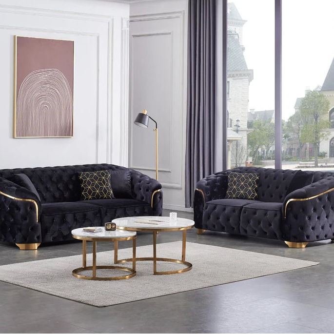 Luxury velvet Chesterfield lounge sofa set with gold base and wooden legs, modern MC THE BLACK DIAMOND furniture for villa living room