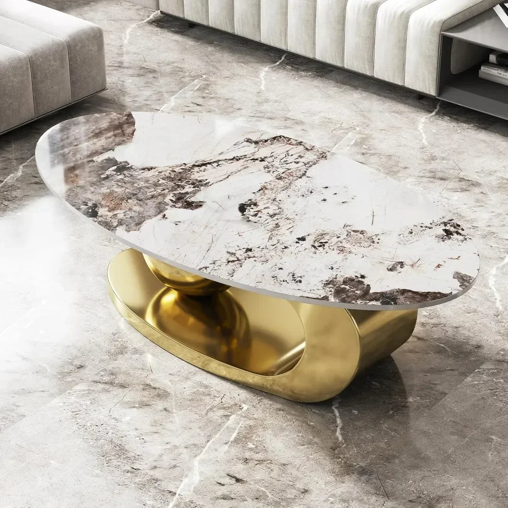 Modern oval stone coffee table by Mc The Black Diamond with an abstract gold metal base, measuring 51 inches long.