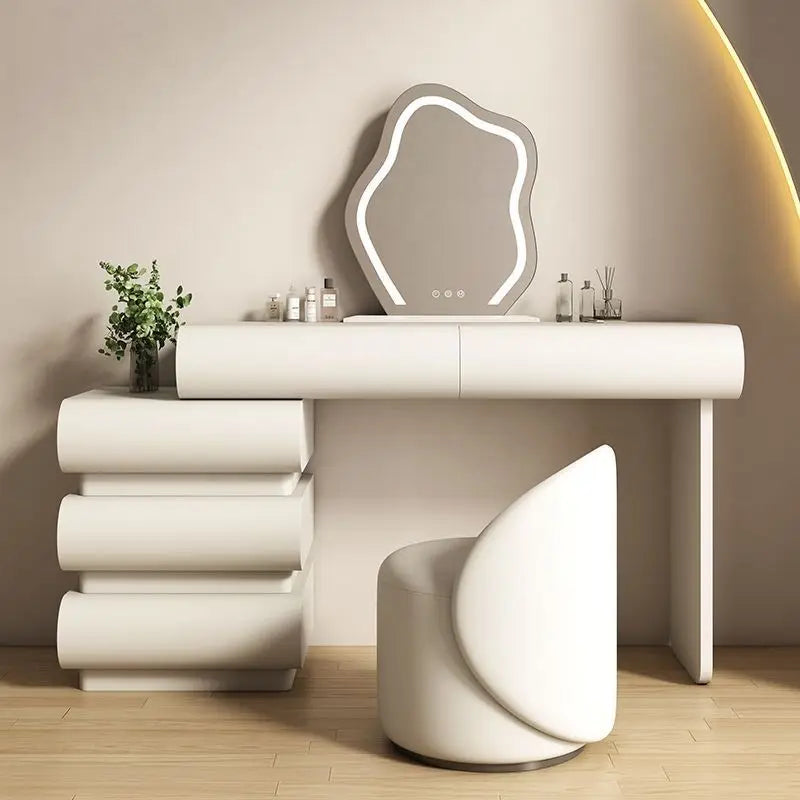 Mirror drawers vanity table with storage organizer, wooden dressing table, and matching chair from 𝕄𝕮 𝕋𝕙𝕖 𝔹𝕝𝕒𝕔𝕜 𝔻𝕚𝕒�