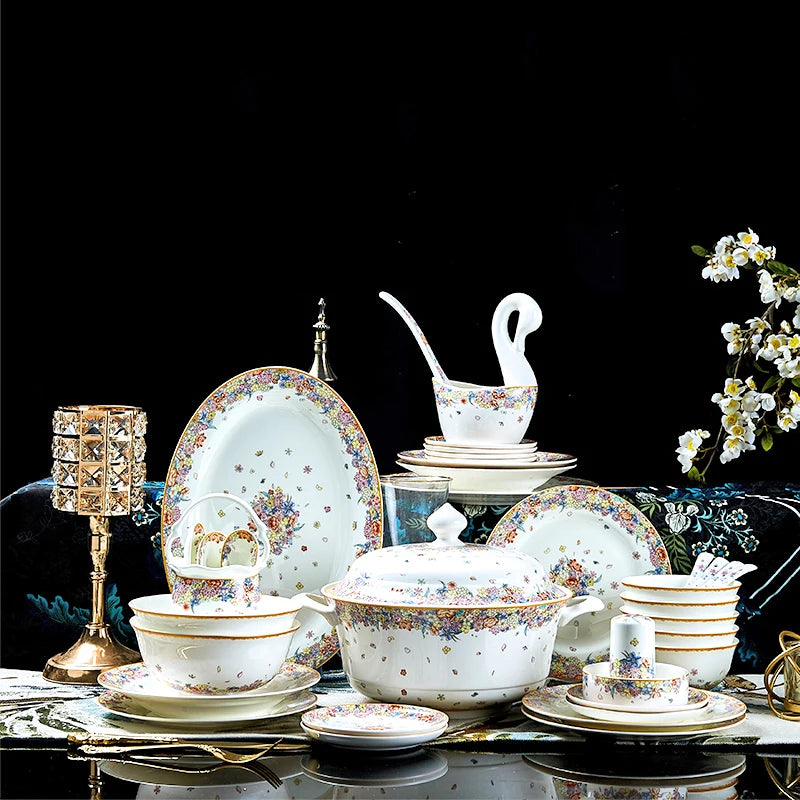 Family size MC THE BLACK DIAMOND dinnerware set with star design, includes plates, bowls, and mugs for elegant table setting.