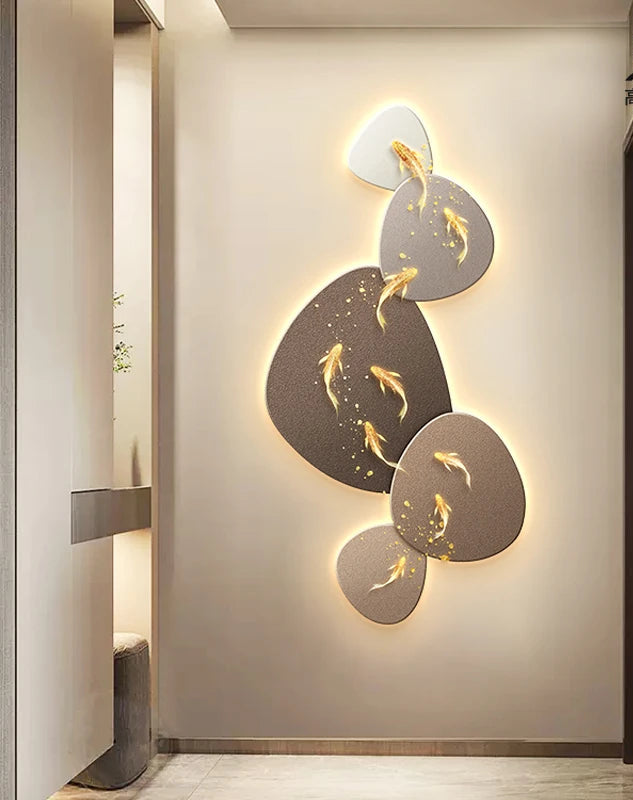 MC THE BLACK DIAMOND nine fish map lamp painting wall decor, luminous mural for corridor or aisle with high-end hanging style
