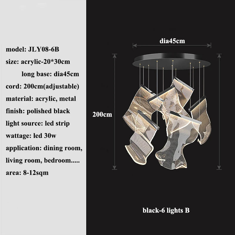 Modern MC THE BLACK DIAMOND LED chandelier lighting fixture in a living and dining room setting, showcasing sleek design and illumination.