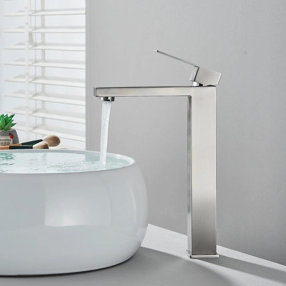 Matte black stainless steel bathroom sink faucet with hot and cold mixer, brand MC THE BLACK DIAMOND, modern bathroom fixture