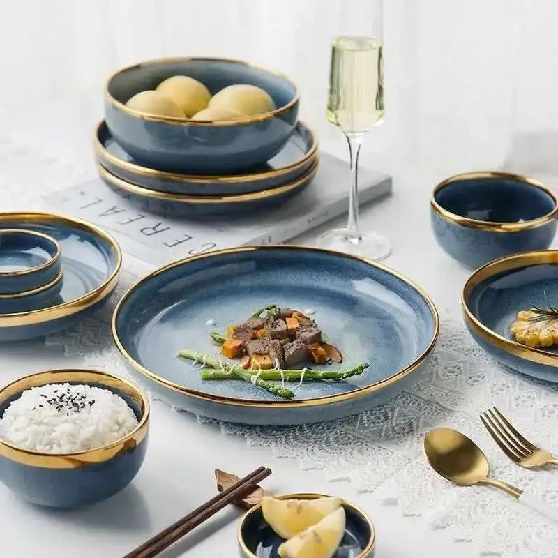 Light Luxury Dishes Steak Dessert Dinnerware Set by MC THE BLACK DIAMOND, featuring elegant plates and bowls for sophisticated dining.
