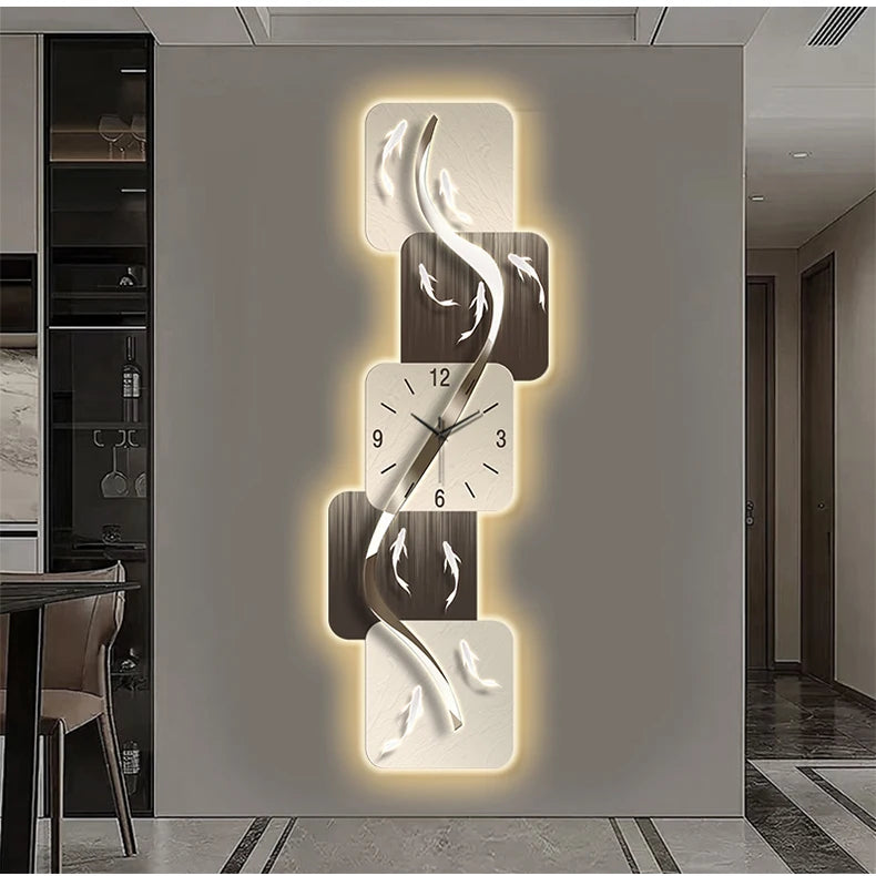 Modern wall clock featuring nine fish design with LED luminescent paint, suitable for living rooms and corridors.