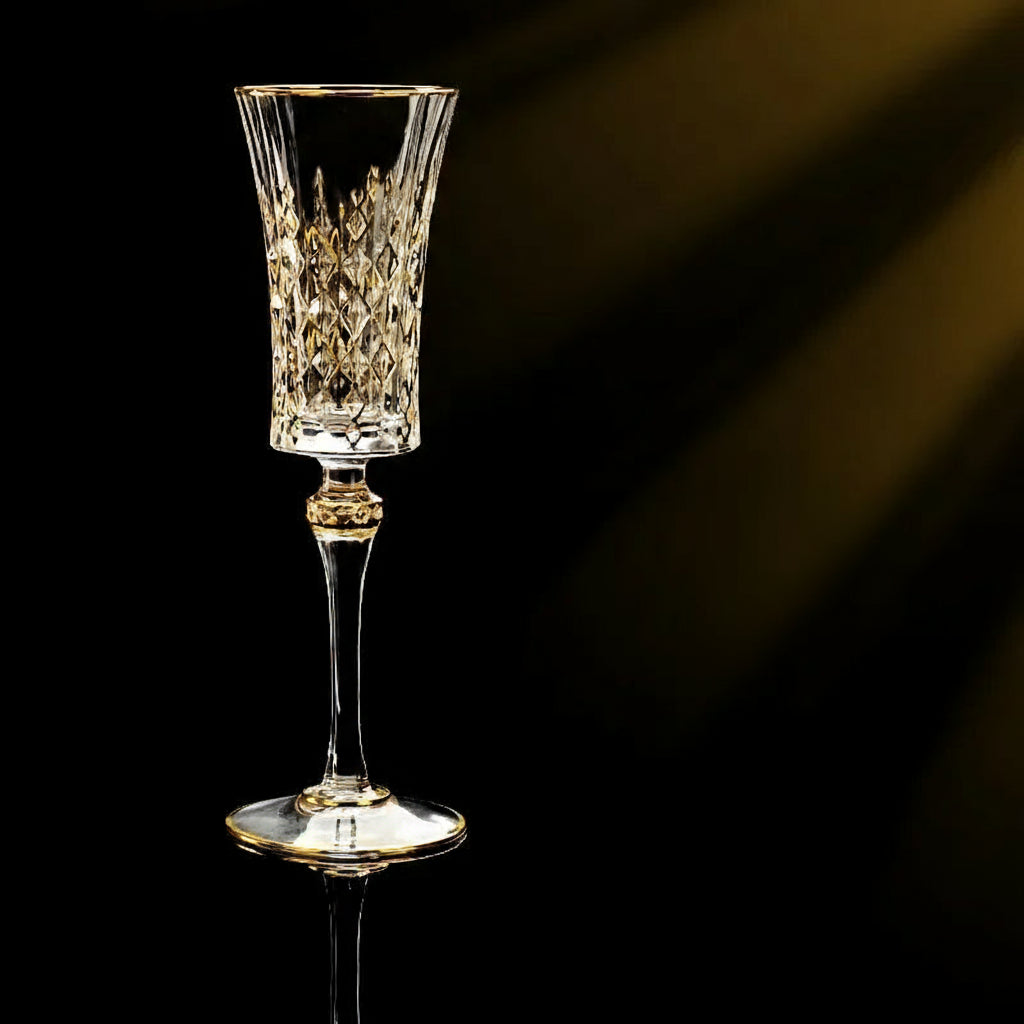 Elegant glass gold crystal red cup from MC THE BLACK DIAMOND drinkware set, showcasing a luxurious design with shimmering gold accents.